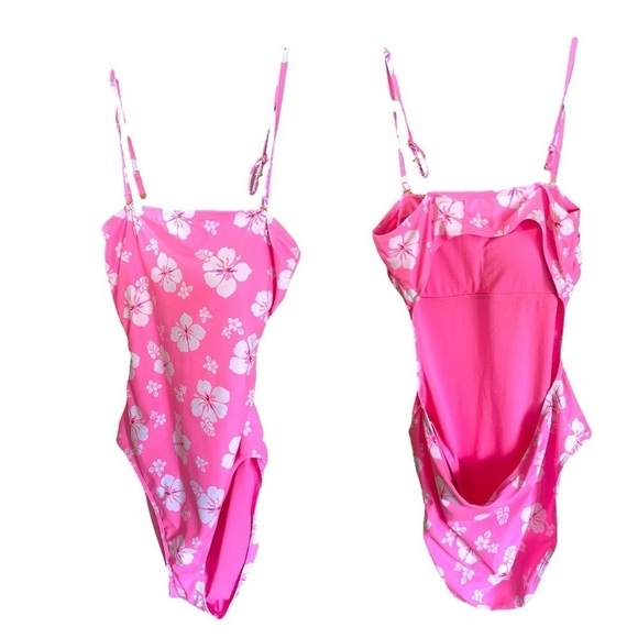 Pink Hibiscus Cut-Out One Piece Swimsuit Juniors Size Large 11-12 Never Worn - Picture 4 of 10